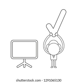 Vector illustration businessman character holding up check mark with blank presentation chart. Black outline.