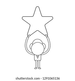 Vector illustration businessman character holding up star. Black outline.