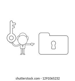 Vector illustration businessman character holding key and pointing file folder keyhole. Black outline.