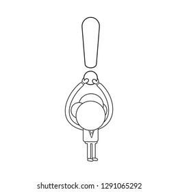 Vector illustration businessman character holding up exclamation mark. Black outline.