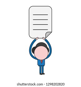 Vector illustration businessman character holding up written paper. Color and black outlines.
