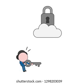 Vector illustration businessman character holding key and looking padlock on cloud. Color and black outlines.