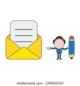 Vector illustration businessman character holding pencil and pointing open envelope with written paper. Color and black outlines.