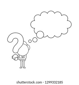 Vector illustration businessman character holding question mark with blank thought bubble. Black outline.