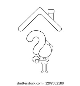 Vector illustration businessman character holding question mark under house roof. Black outline.