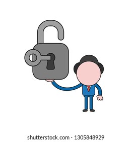 Vector illustration businessman character holding open padlock with key. Color and black outlines.