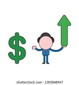 Vector illustration businessman character holding arrow moving up and pointing dollar symbol. Color and black outlines.