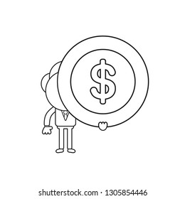 Vector illustration businessman character holding dollar money coin. Black outline.