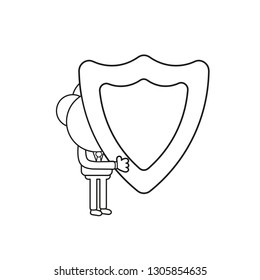 Vector illustration businessman character holding guard shield. Black outline.