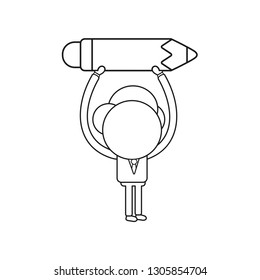 Vector illustration businessman character holding up pencil. Black outline.