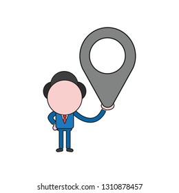 Vector illustration businessman character holding map pointer. Color and black outlines.