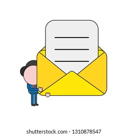 Vector illustration businessman character holding open mail envelope with written paper. Color and black outlines.