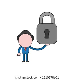 Vector illustration businessman character holding closed padlock. Color and black outlines.