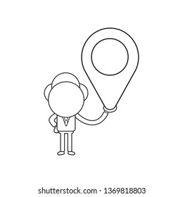 Vector illustration businessman character holding map pointer. Black outline.