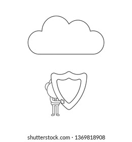 Vector illustration businessman character holding guard shield under cloud. Black outline.