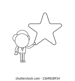 Vector illustration businessman character holding star. Black outline.