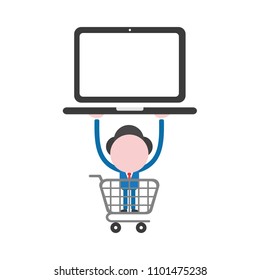 Vector illustration businessman character inside shopping cart and holding up laptop computer.