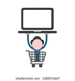 Vector illustration businessman character inside shopping cart and holding up laptop computer. Color and black outlines.