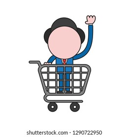 Vector illustration businessman character inside shopping cart. Color and black outlines.