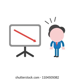 Vector illustration businessman character looking sales chart arrow moving down.