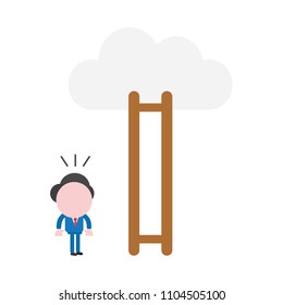 Vector illustration businessman character looking wooden ladder with missing steps to reach cloud.