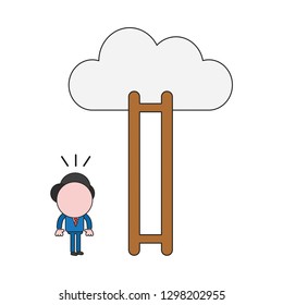 Vector illustration businessman character looking wooden ladder with missing steps to reach cloud. Color and black outlines.