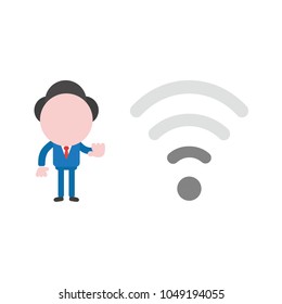Vector illustration of businessman character with low, poor wifi wireless signal.