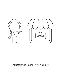 Vector illustration businessman character make hand stop sign with shop store and closed written on hanging sign. Black outline.