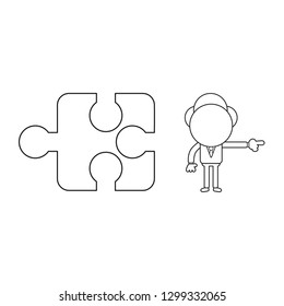 Vector illustration businessman character with missing puzzle piece and pointing. Black outline.