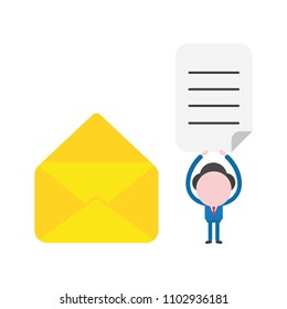 Vector illustration businessman character with open envelope and holding up written paper.