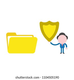 Vector illustration businessman character with open file folder and holding guard shield.