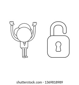 Vector illustration businessman character with open padlock. Black outline.