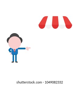 Vector illustration of businessman character pointing shop store awning icon