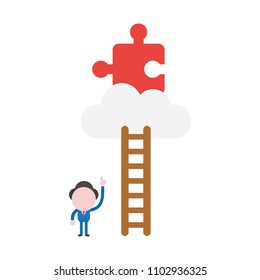 Vector illustration businessman character pointing missing jigsaw puzzle piece on cloud to reach with wooden ladder.