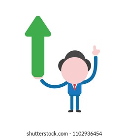 Vector illustration businessman character pointing up and holding arrow moving up.