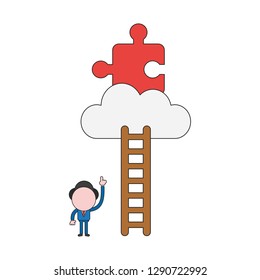 Vector illustration businessman character pointing missing jigsaw puzzle piece on cloud to reach with wooden ladder. Color and black outlines.