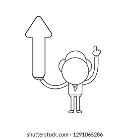 Vector illustration businessman character pointing up and holding arrow moving up. Black outline.