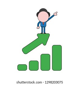 Vector illustration businessman character pointing up and standing on sales chart arrow moving up. Color and black outlines.
