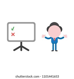 Vector illustration businessman character and presentation chart with check and x marks.