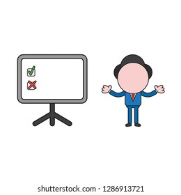 Vector illustration businessman character and presentation chart with check and x marks. Color and black outlines.