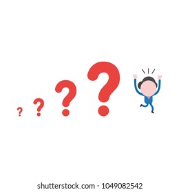 Vector illustration of businessman character running away from red question mark icons, problems growing.