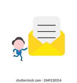 Vector illustration of businessman character running and holding yellow open enveope icon with written paper.