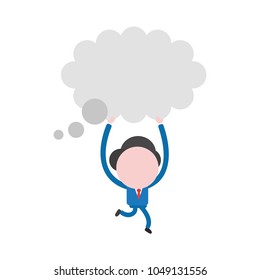 Vector illustration of businessman character running and holding up grey thought bubble icon.