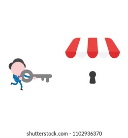 Vector illustration businessman character running and carrying key to unlock shop store keyhole.