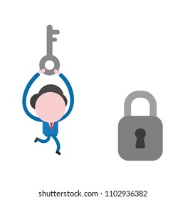 Vector illustration businessman character running and carrying key to unlock padlock.