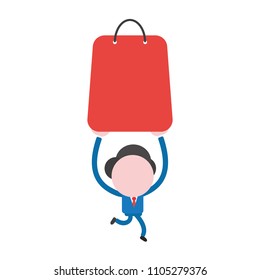 Vector illustration businessman character running and carrying red shopping bag.