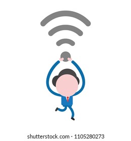 Vector illustration businessman character running and carrying wireless wifi symbol.