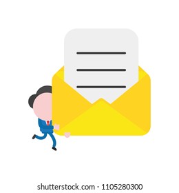 Vector illustration businessman character running and carrying open mail envelope with written paper.