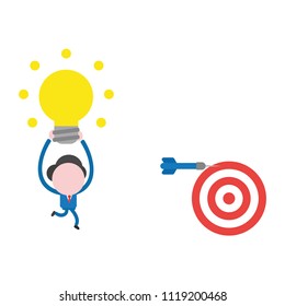 Vector illustration businessman character running and carrying glowing light bulb to dart miss the mark on bulls eye.