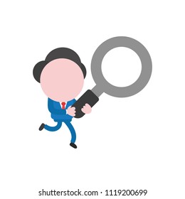 Vector illustration businessman character running and holding magnifying glass.